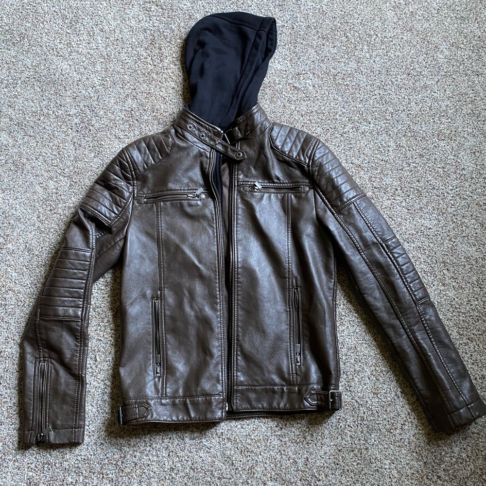 GUESS Brown Leather Jacket, Men XS
